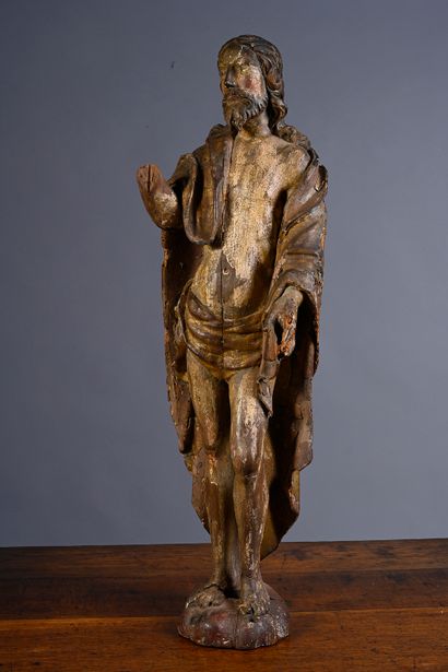 null Christ of the Resurrection in walnut carved in the round, polychromed and gilded....
