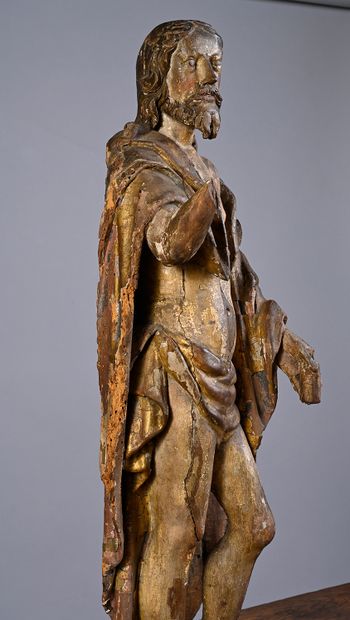 null Christ of the Resurrection in walnut carved in the round, polychromed and gilded....