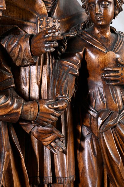 null Le Mariage de la Vierge et de saint Joseph en bois sculpté, dos creusé.
XVIIe...