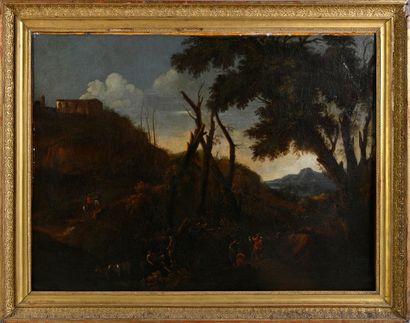 Carlo Antonio Tavella (1668-1738) Paysage classique animé d'un campement de brigands
Huile...