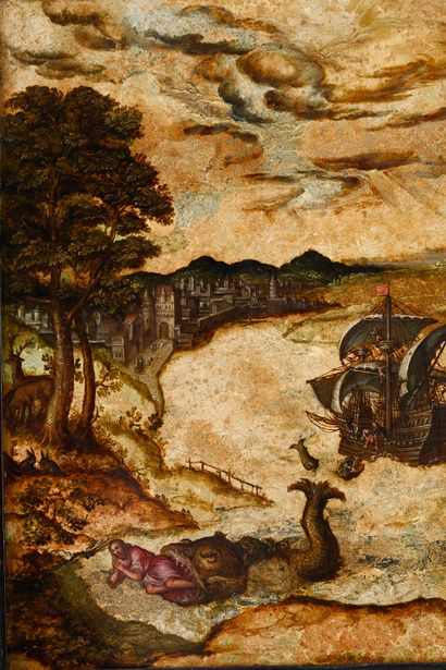 École italienne du XVIIe siècle Jonas et la baleine
Peinture sur pierre.
42 x 33...