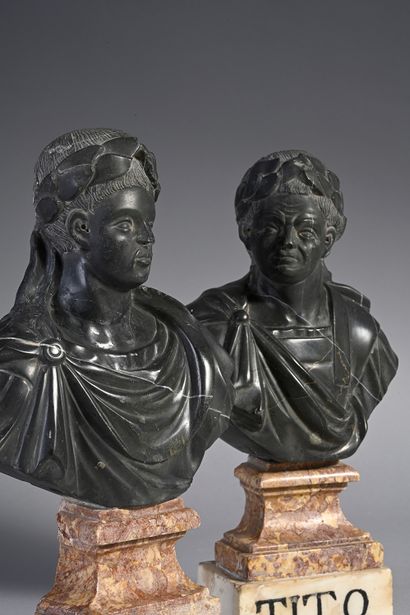 null Pair of busts of Emperors in black marble, pedestal in Spanish brocatelle, counter...
