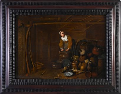 École Hollandaise vers 1640 Interior of a cellar
Oak panel, two boards, reinforced
Signed...