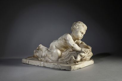 null Child Hercules in marble sculpted in the round on a stucco base. Lying on a...