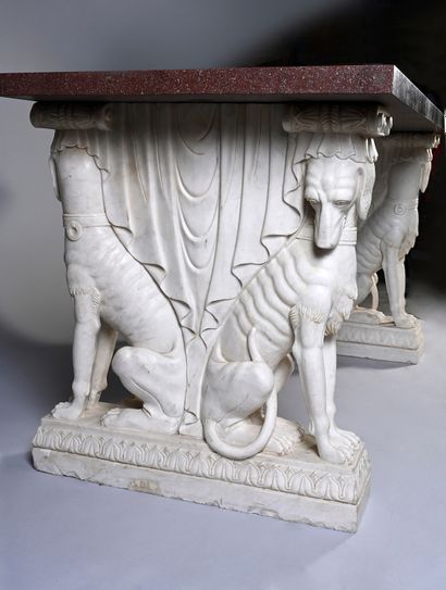 null Important middle table, the white marble base carved with two greyhounds surmounted...