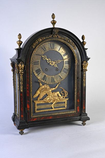 null Religious clock in blackened wood and veneer of red tinted tortoiseshell decorated...