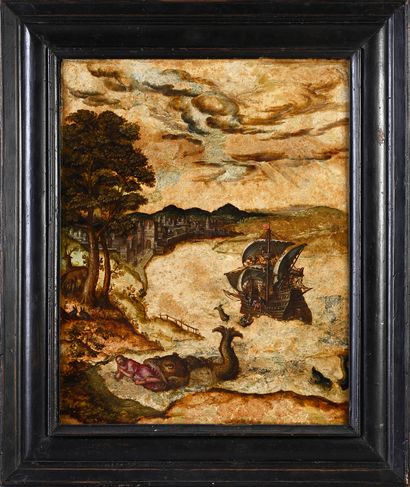 École italienne du XVIIe siècle Jonah and the whale
Painting on stone.
42 x 33 cm.
Antique...