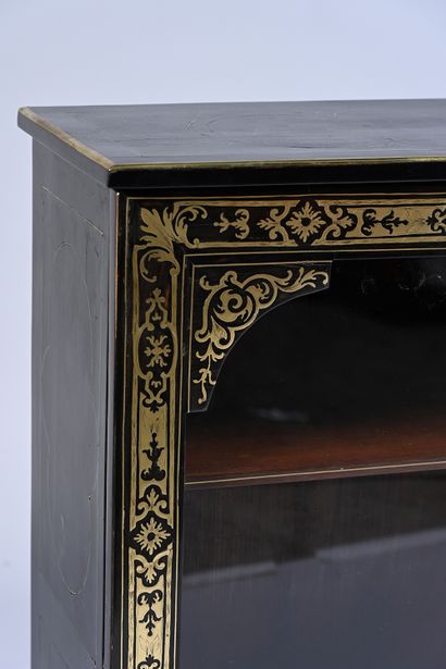 null Small blackened wood display case with brass marquetry decoration in the taste...