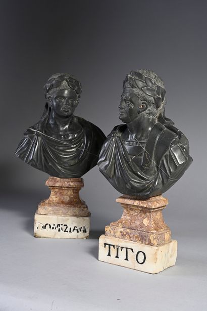 null Pair of busts of Emperors in black marble, pedestal in Spanish brocatelle, counter...