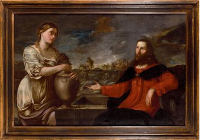 École BOLONAISE vers 1680 Christ and the Samaritan woman
Oil on canvas
H.: 97 cm...