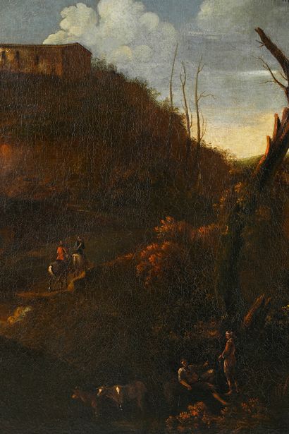 Carlo Antonio Tavella (1668-1738) Paysage classique animé d'un campement de brigands
Huile...
