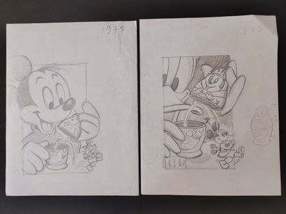 null DISNEY (Studios) Mickey et Donald et les poupées russes. 
Ensemble de deux dessins...