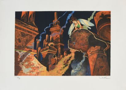 null LOISEL. Lithograph Peter Pan, Tinkerbell on the roofs of Angoulême. 
Author's...