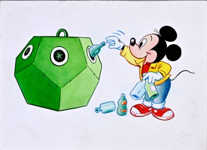 null DISNEY (Studios). Illustration Mickey recyclage, encre de Chine, crayon de couleur...