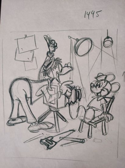 null DISNEY (Studios). Illustration Géo et Mickey. Crayon de couleur sur papier,...