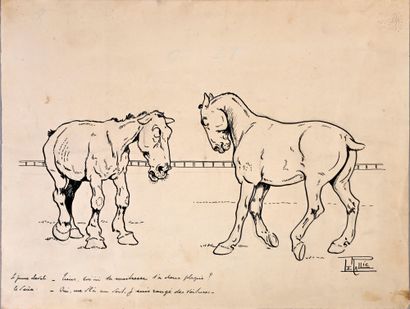 null LE RALLIC, Etienne (1891-1968) . Le vieux et le jeune cheval. Encre de Chine...