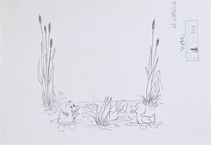 null DISNEY (Studios) Illustration le vilain petit canard. Encre de Chine sur papier....