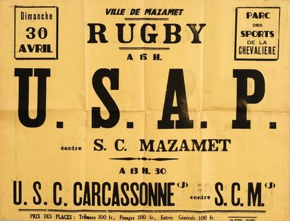 null Affiche «U.S.A.P.» contre S.C. Mazamet. Vers 1950. Format 50 x 64 cm