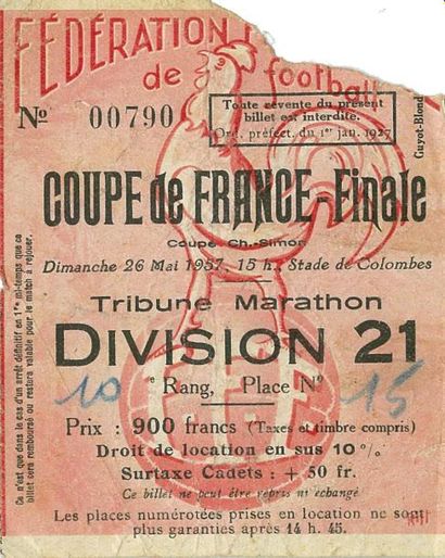 null Billet officiel de la finale de la Coupe de France 1957 entre Angers et Toulouse...