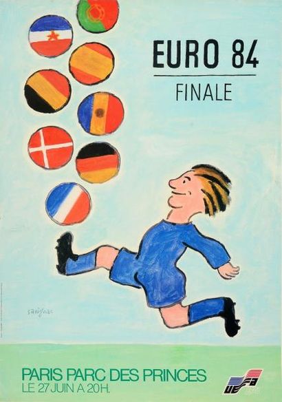 null Affiche de la finale de l'Euro 1984. Signée Savignac. Dim. 59 x 84 cm. Ento...