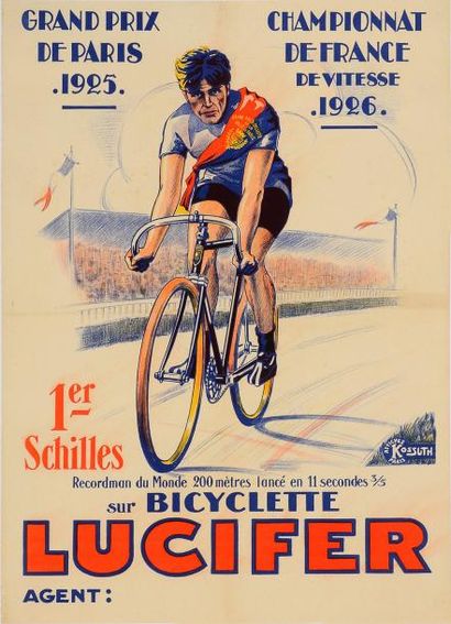 null Affiche des bicyclettes «Lucifer». Schilles recordman du monde du 200 mètres....