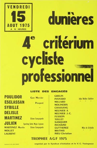 null Affiche du 4ème criterium cycliste professionnel de Dunières en Août 1975 avec...