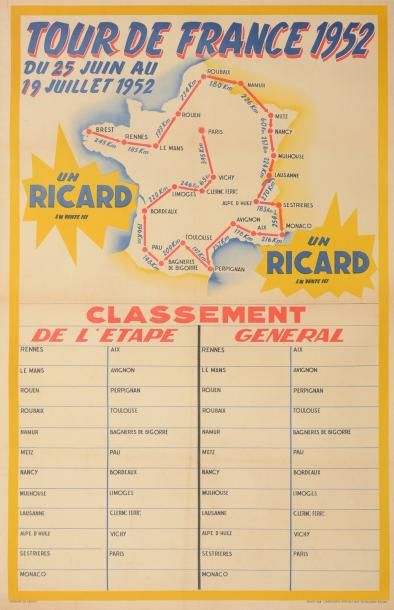 null Affiche classement du Tour de France 1952. Parcours et tableau. Dim. 64 x 98...