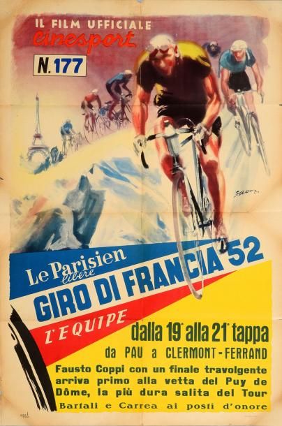null Affiche du film officiel sur le Tour de France 1952 retraçant l'épopée de fausto...