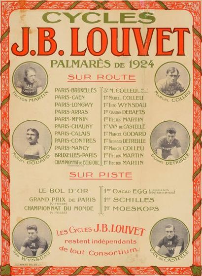 null Affiche palmarès de la saison 1924 des cycles J.B. Louvet. Dim. 56 x 76 cm....