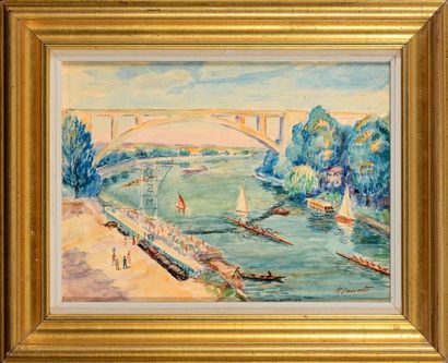 null Aquarelle. «Aviron au pont de Nogent» signée Raphaël Drouart (1894-1972) vers...
