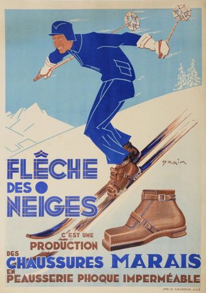 null Affiche publicitaire pour les chaussures de skis. «Flêche des neiges». Illustrée...