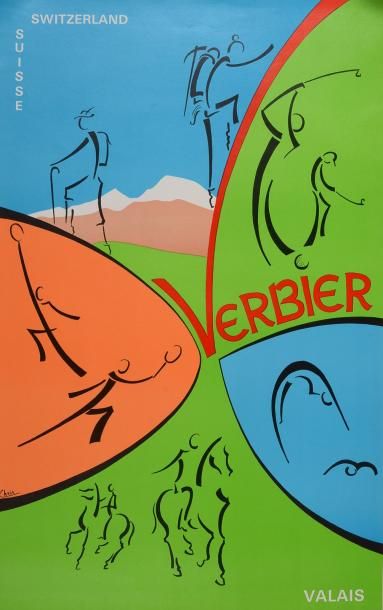 null Affiche. Tourisme signée Chris. Station de Verbier dans le Valais en Suisse....