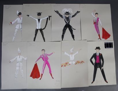 null 1 ensemble de 8 dessins originaux des tenues créées par le styliste Michel Fresnay...