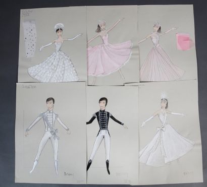 null 1 set of 6 original drawings of the outfits created by the stylist Michel Fresnay...