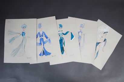 null 1 ensemble de 5 dessins originaux des tenues créées par le styliste Michel Fresnay...