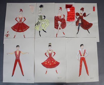 null 1 ensemble de 7 dessins originaux des tenues créées par le styliste Michel Fresnay...
