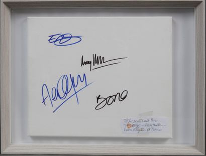 null U2
1 canvas signed by the four members of the band U2:
The Edge, Larry Mullen,...