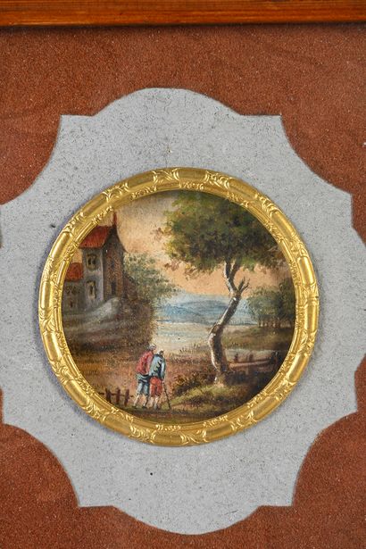 null Miniature on cardboard painted with gouache of round form with decoration of...