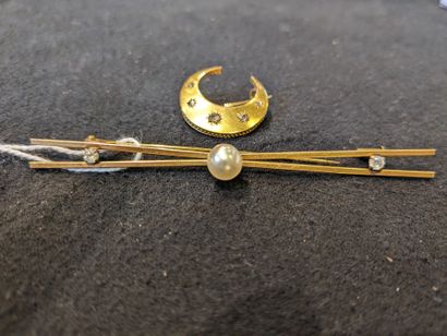 null Broche en or 750e (18K), stylisant un croissant de lune rehaussé de roses diamantées...