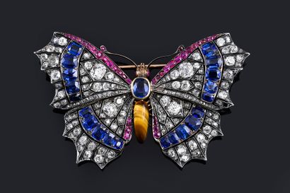 null Exceptional 18k gold and silver brooch stylizing a butterfly with openwork wings...