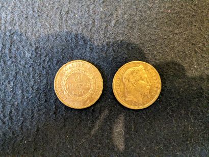 null Lot de 2 pièces de 20 francs or, l'une Napoléon III datée 1864, l'autre III...