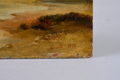 Nicolas Victor FONVILLE (1805-1856). Scène de chasse à l'affût.
Huile sur panneau.
21,3...