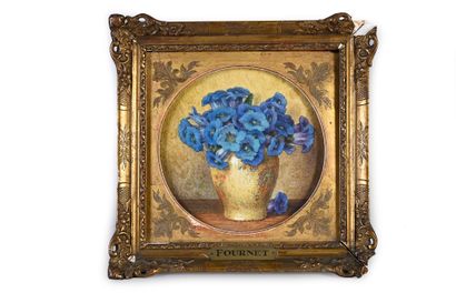 Attribué à Lucien Fournet (1902-1975) Bouquets de fleurs 
Diam. : 16 cm
Paire d'aquarelles...