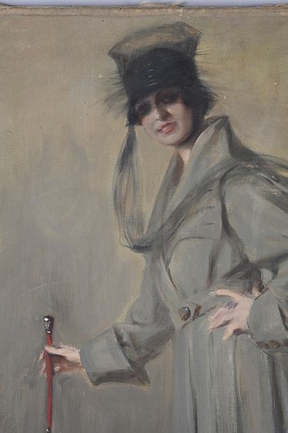 ECOLE MODERNE Elegant woman with an umbrella
Oil on canvas, bears a trace of signature...