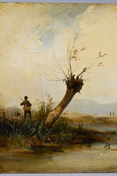 Nicolas Victor FONVILLE (1805-1856). Scène de chasse à l'affût.
Huile sur panneau.
21,3...