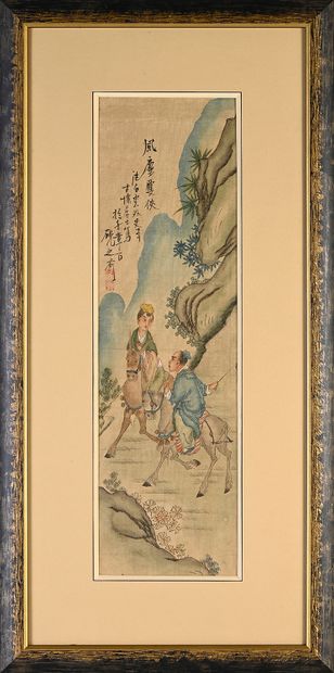 CHINE, Fin du XIXe-début du XXe siècle Ensemble trois peintures à l'encre et couleurs...