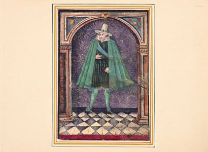 Ecole vers 1600 Gentleman in a green cape
Gouache and gold highlights 12,1 x 8,4...