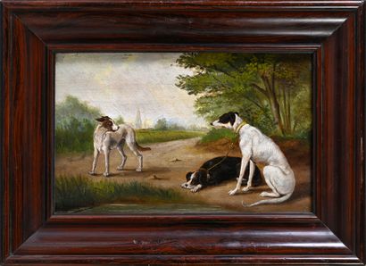 Joseph Emmanuel VAN DRIESTEN (1853-1923) Trois chiens au repos
Huile sur panneau...