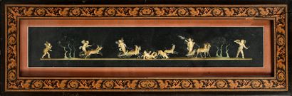 null Pair of frames decorated with wood mosaic frieze of scrolls and swans.
Work...