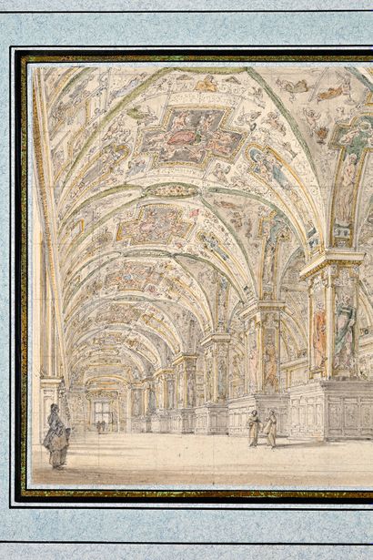Attribué à Francesco Pannini (1745-1812) Vue animée de la bibliothèque du Vatican
Aquarelle...